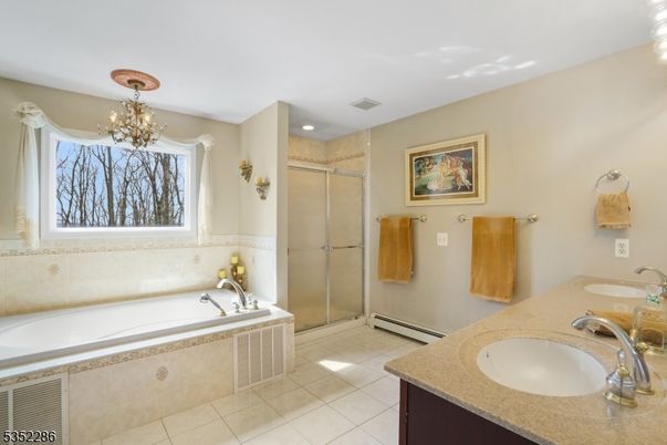 Bathroom, Chandelier, Dual Sink Vanities, Glass Shower, Interior, Recessed Lighting