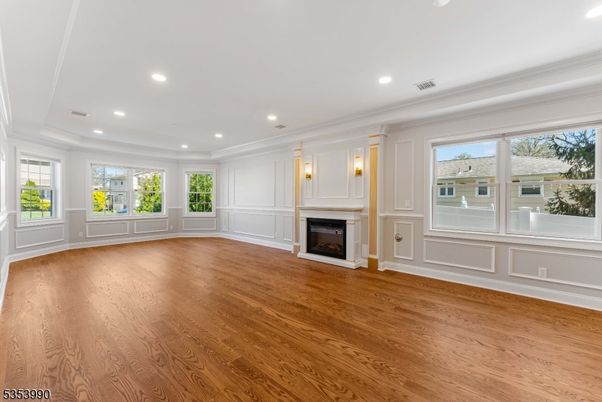 Empty room, Fireplace, Interior, Recessed Lighting, Wood Texture Flooring