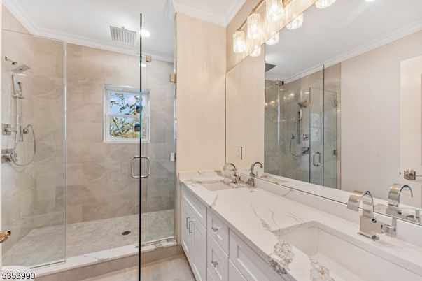 Bathroom, Dual Sink Vanities, Glass Shower, Interior, Recessed Lighting