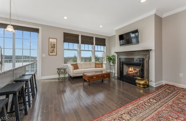 Fireplace, Interior, Living room, Pendant Lights, Recessed Lighting, Wood Texture Flooring