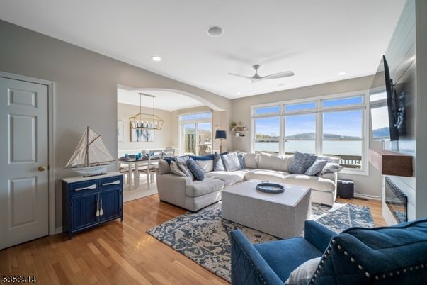 Dining room, Interior, Living room, Pendant Lights, Recessed Lighting, Water, Wood Texture Flooring