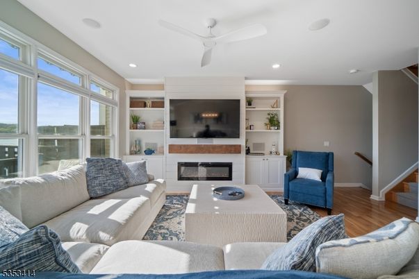 Fireplace, Interior, Living room, Recessed Lighting, Wood Texture Flooring