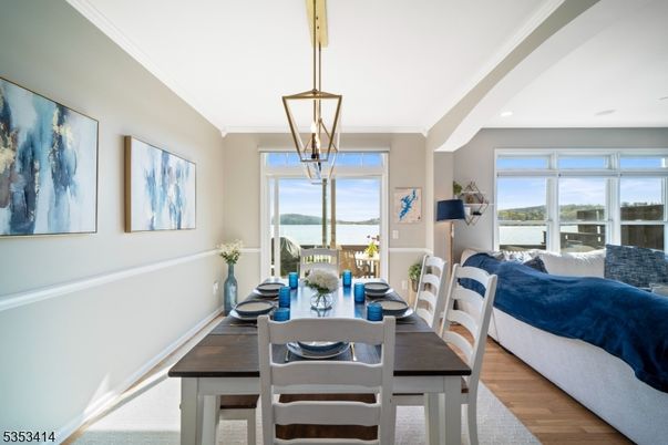 Dining room, Interior, Pendant Lights, Recessed Lighting, Water, Wood Texture Flooring