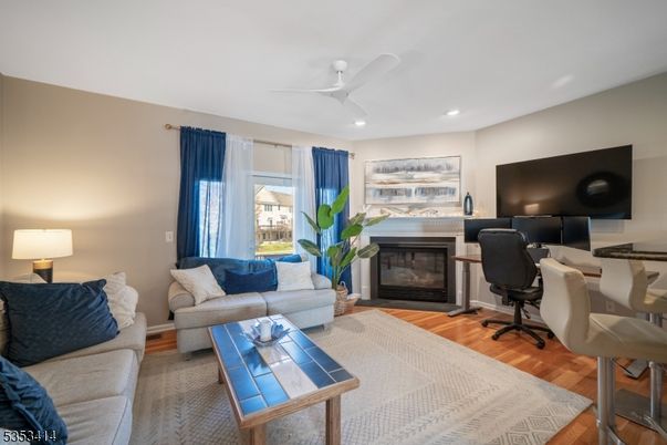 Fireplace, Home Office, Interior, Living room, Recessed Lighting, Wood Texture Flooring