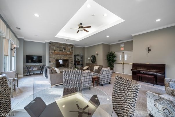 Dining room, Fireplace, Interior, Living room, Piano, Recessed Lighting, Stone Walls
