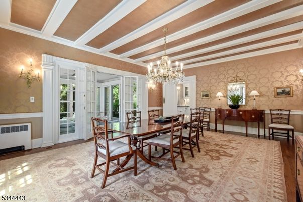 Chandelier, Dining room, Interior, Wooden Beams