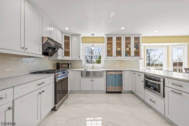 Interior, Kitchen, Marble, Pendant Lights, Recessed Lighting, Stainless Steel Appliances
