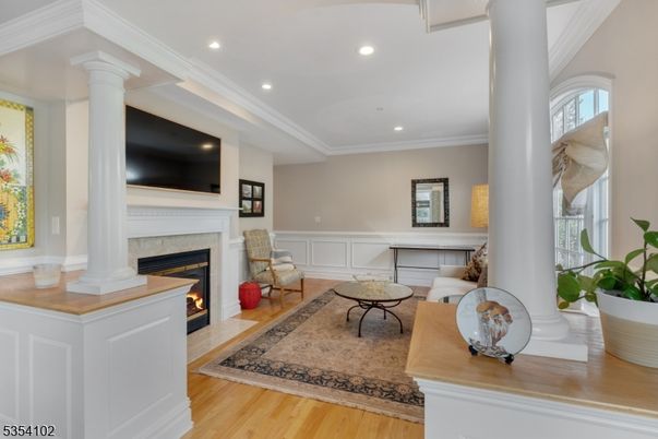 Fireplace, Interior, Living room, Recessed Lighting, Wood Texture Flooring