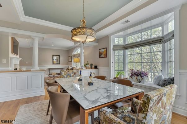 Dining room, Interior, Pendant Lights, Recessed Lighting, Wood Texture Flooring