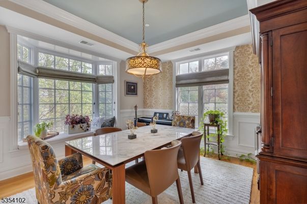 Dining room, Interior, Pendant Lights, Wood Texture Flooring