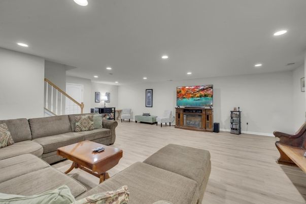 Fireplace, Interior, Living room, Recessed Lighting, Wood Texture Flooring