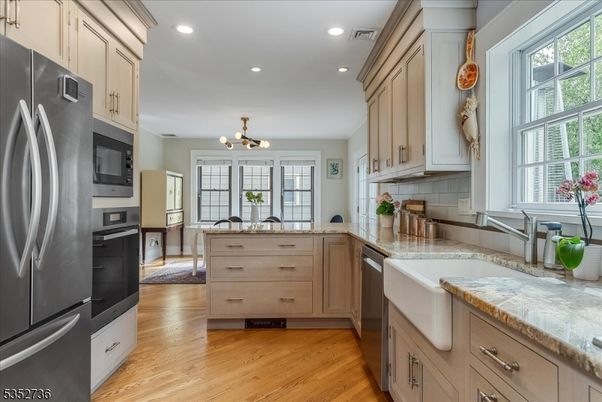 Chandelier, Interior, Kitchen, Recessed Lighting, Stainless Steel Appliances, Wood Texture Flooring