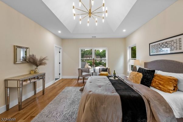 Bedroom, Interior, Pendant Lights, Recessed Lighting, Wood Texture Flooring