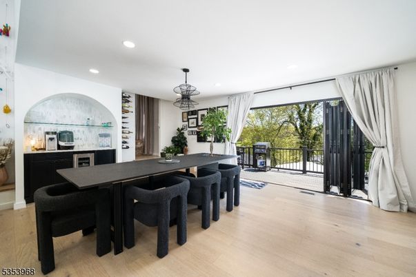 Dining room, Interior, Pendant Lights, Recessed Lighting, Wood Texture Flooring