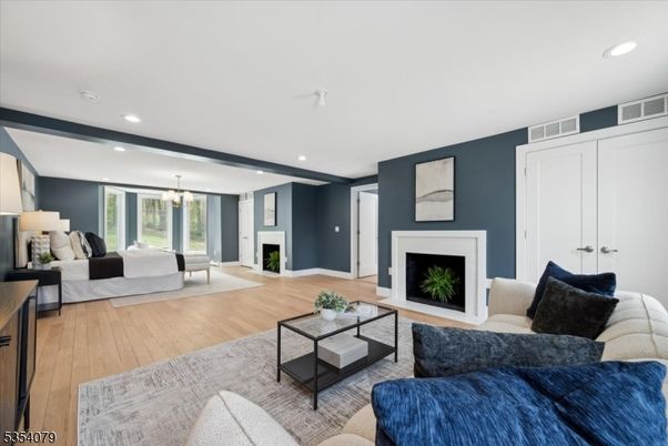 Fireplace, Interior, Living room, Pendant Lights, Recessed Lighting, Wood Texture Flooring
