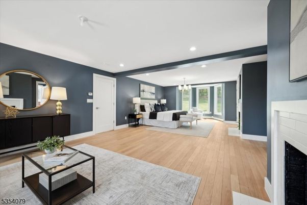 Chandelier, Fireplace, Interior, Living room, Recessed Lighting, Wood Texture Flooring