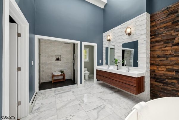 Bathroom, Free Standing Baths, Glass Shower, Interior, Marble, Wooden Walls