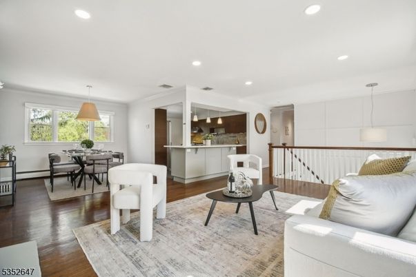 Dining room, Interior, Living room, Pendant Lights, Recessed Lighting, Wood Texture Flooring