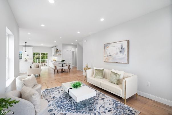 Dining room, Interior, Living room, Pendant Lights, Recessed Lighting, Wood Texture Flooring