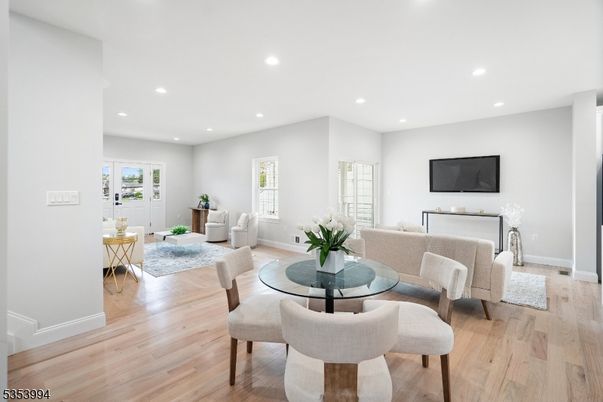 Dining room, Interior, Living room, Recessed Lighting, Wood Texture Flooring