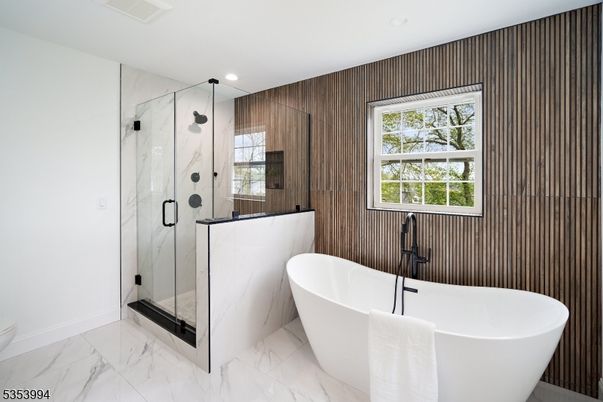 Bathroom, Free Standing Baths, Glass Shower, Interior, Marble, Marble Walls, Recessed Lighting