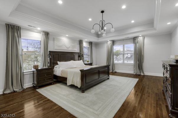 Bedroom, Chandelier, Interior, Pendant Lights, Recessed Lighting, Wood Texture Flooring