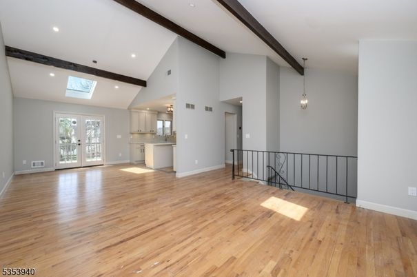 Empty room, Interior, Pendant Lights, Recessed Lighting, Wooden Beams, Wood Texture Flooring