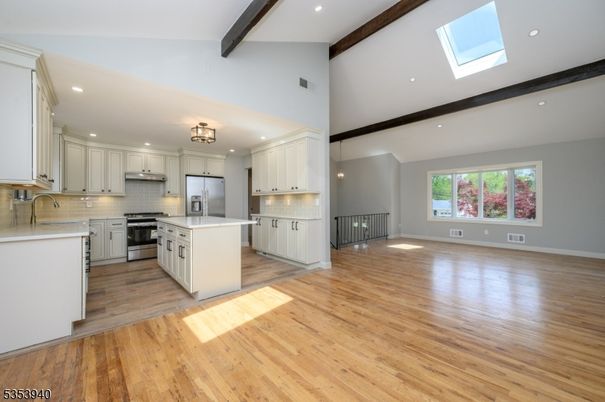 Interior, Kitchen, Recessed Lighting, Stainless Steel Appliances, Wooden Beams, Wood Texture Flooring