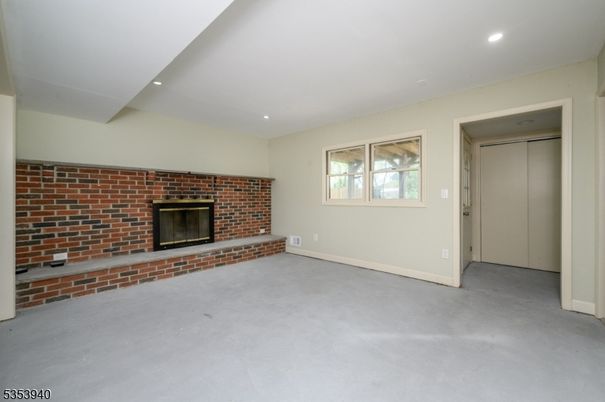 Empty room, Fireplace, Interior, Recessed Lighting, Stone Walls