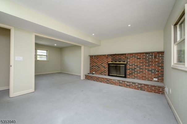 Empty room, Fireplace, Interior, Recessed Lighting, Stone Walls