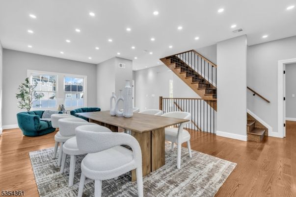Dining room, Interior, Recessed Lighting, Wood Texture Flooring