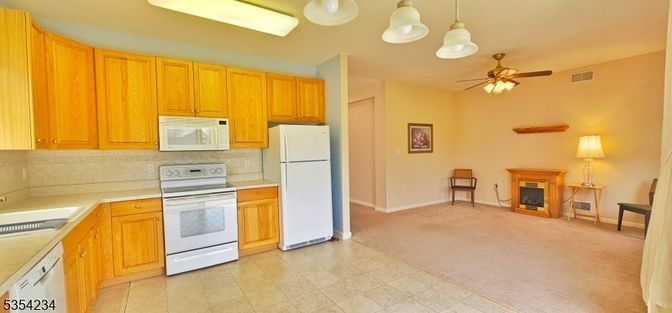 Fireplace, Interior, Kitchen, Pendant Lights