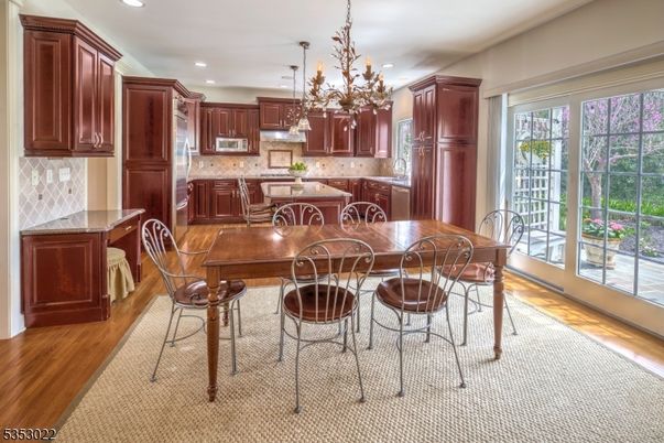 Chandelier, Dining room, Interior, Kitchen, Recessed Lighting, Wood Texture Flooring