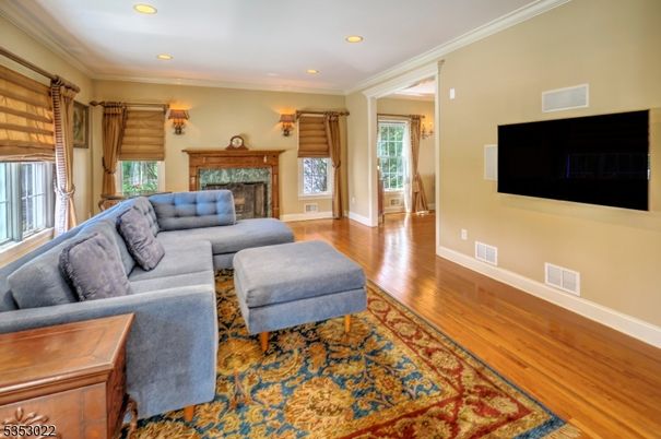 Fireplace, Interior, Living room, Recessed Lighting, Wood Texture Flooring