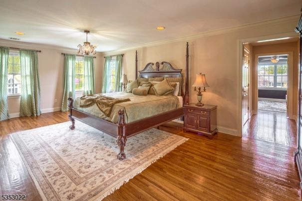Bedroom, Chandelier, Interior, Recessed Lighting, Wood Texture Flooring