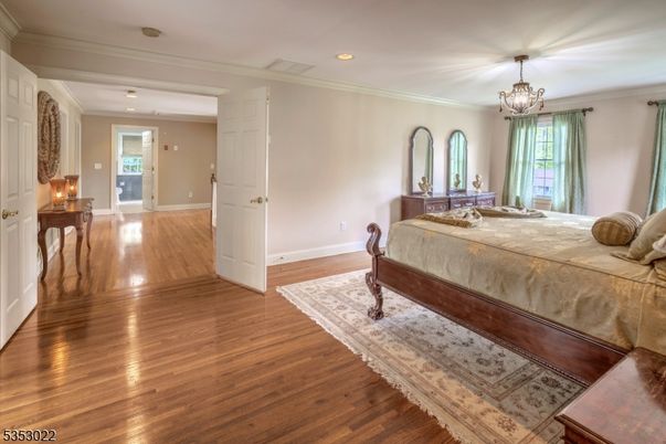 Bedroom, Chandelier, Interior, Recessed Lighting, Wood Texture Flooring