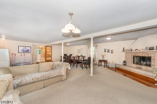 Dining room, Fireplace, Interior, Pendant Lights, Wood Texture Flooring