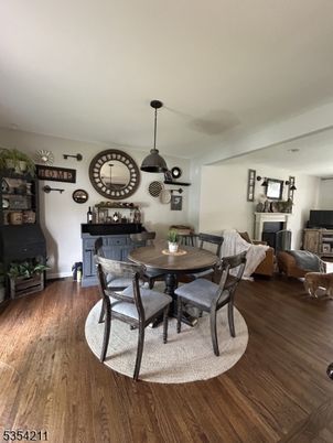 Dining room, Fireplace, Interior, Pendant Lights, Wood Texture Flooring