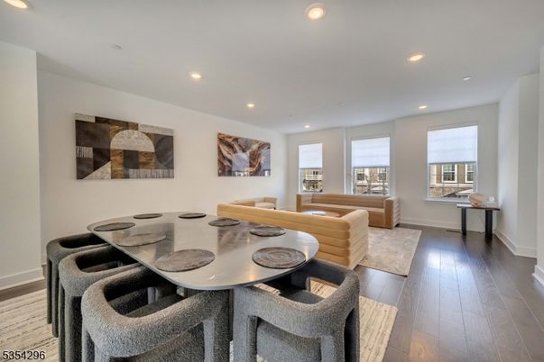 Dining room, Interior, Living room, Recessed Lighting, Wood Texture Flooring