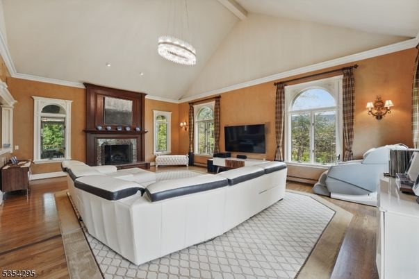 Fireplace, Interior, Living room, Pendant Lights, Recessed Lighting, Wood Texture Flooring