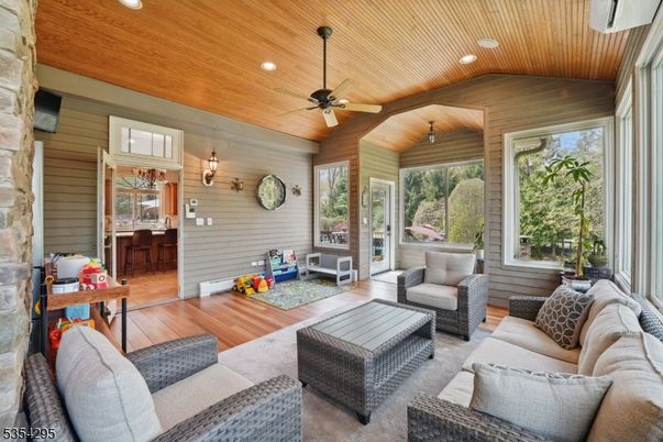 Interior, Living room, Recessed Lighting, Stone Walls, Wooden Ceilings, Wood Texture Flooring