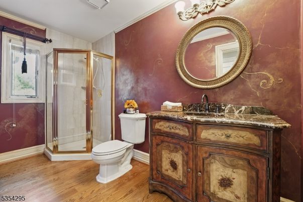 Bathroom, Glass Shower, Interior, Wood Texture Flooring