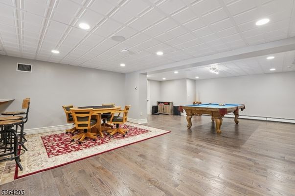 Billiard Table, Game Room, Interior, Recessed Lighting, Wood Texture Flooring