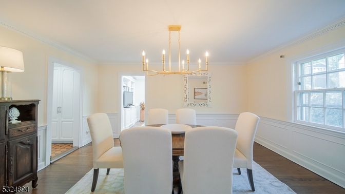Chandelier, Dining room, Interior, Wood Texture Flooring