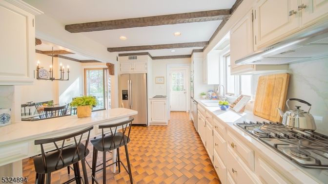 Chandelier, Interior, Kitchen, Recessed Lighting, Stainless Steel Appliances, Wooden Beams