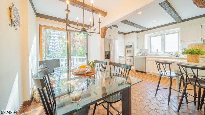 Dining room, Interior, Kitchen, Pendant Lights, Recessed Lighting, Stainless Steel Appliances, Wooden Beams