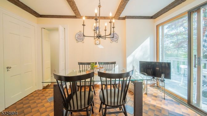 Chandelier, Dining room, Interior, Wooden Beams