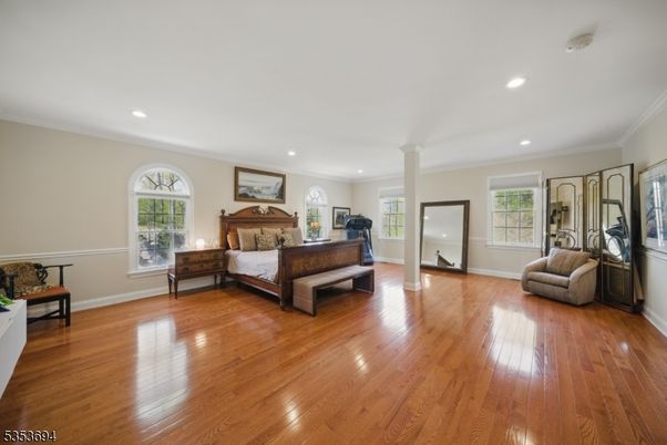Bedroom, Fireplace, Interior, Recessed Lighting, Wood Texture Flooring