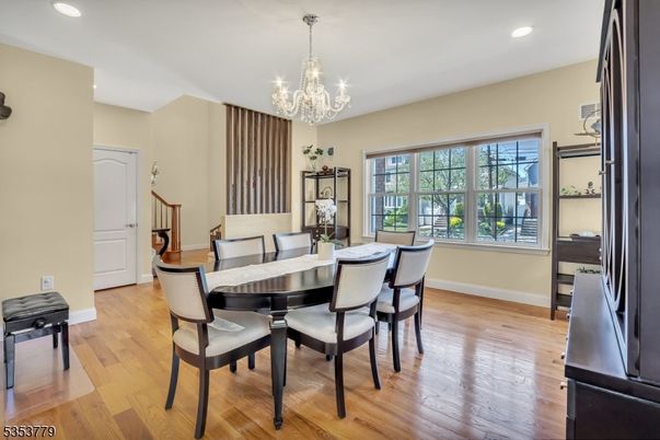 Chandelier, Dining room, Interior, Recessed Lighting, Wood Texture Flooring