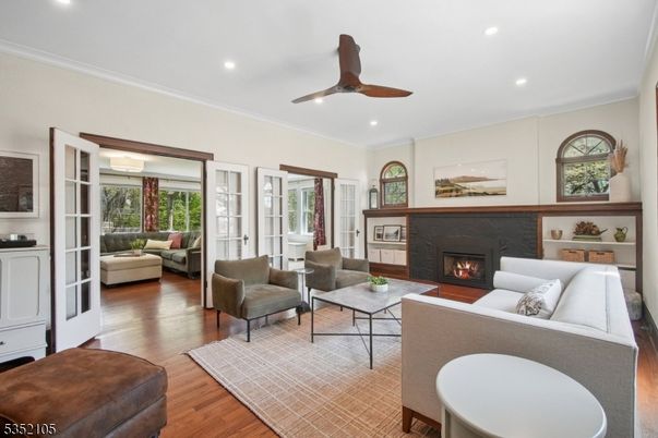 Fireplace, Interior, Living room, Recessed Lighting, Wood Texture Flooring